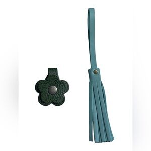 🆕 Portland Leather Teal Tassel Keychain & Dark Green Pebbled Flower Snap Charm